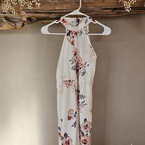 Floral Halter Jumpsuit - White and Pink Girls 11-12 Shein